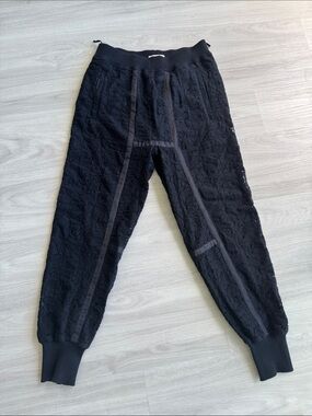Nina Ricci Black Floral Lace Wool Jogger Pants Satin Trim Designer Trousers